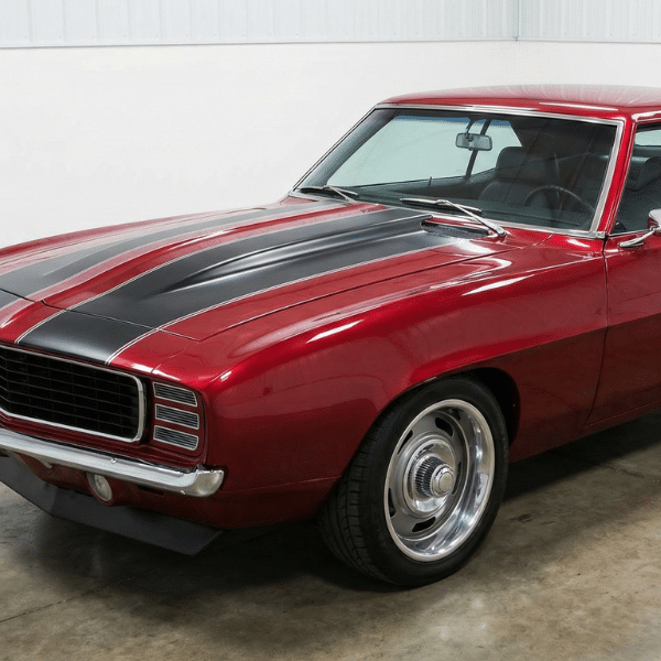 A classic red muscle car with black racing stripes and custom vehicle stripes by Accent Wraps is parked indoors on a concrete floor in Salt Lake City.