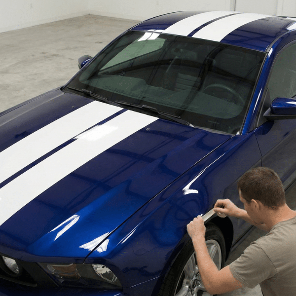 A person is applying tape to the front fender of a blue car with white custom vehicle stripes in a Salt Lake City garage.