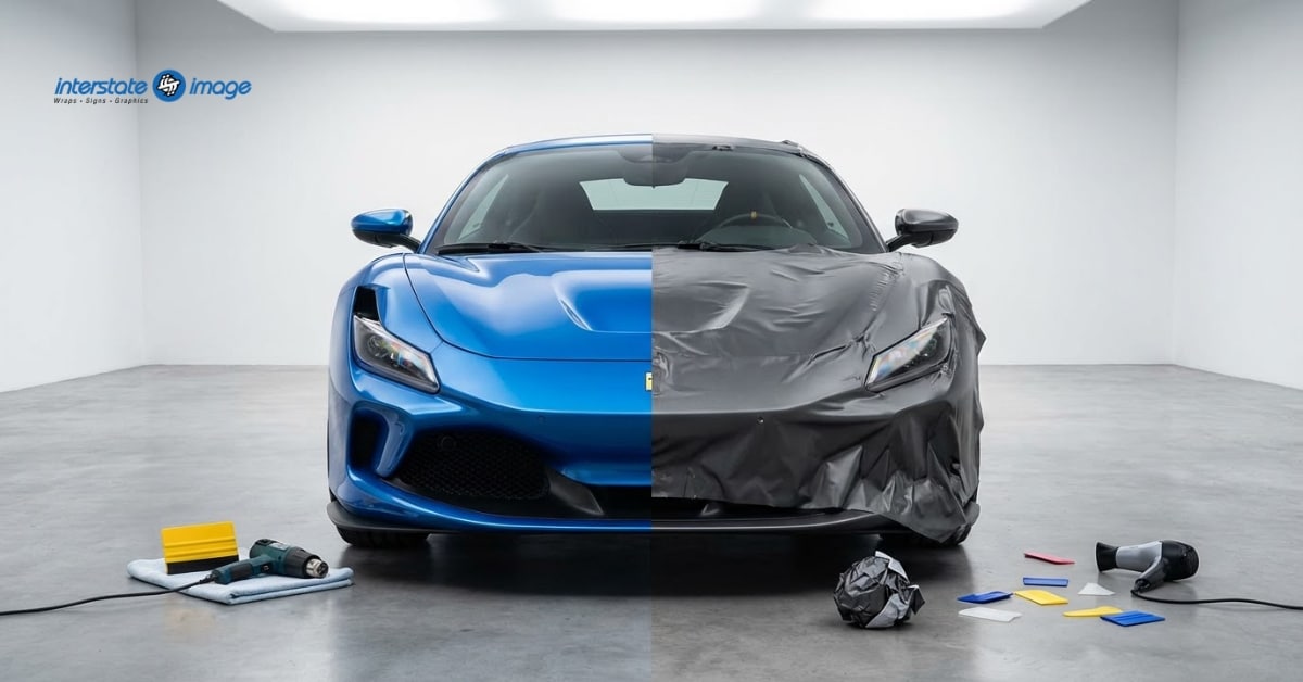 A blue sports car is shown split in half; one side is bare while the other showcases a partially completed vehicle wrap installation with black vinyl film. Tools and materials for professional or DIY vehicle wrap installation are laid out on the floor.
