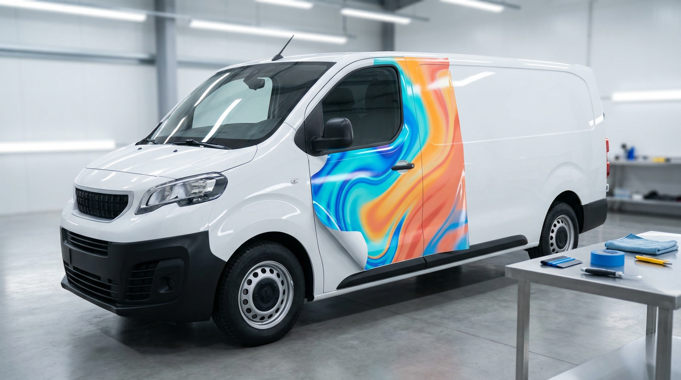 A white cargo van featuring vibrant vinyl graphics on the driver’s door is parked inside a brightly lit garage or workshop, showcasing West Jordan Car Wraps expertise.