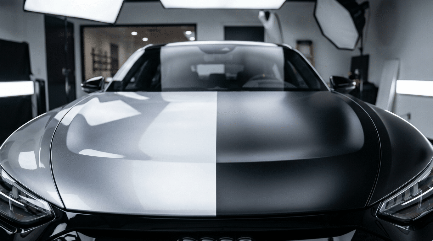 A car hood is divided down the middle, with the left side glossy and reflective and the right side matte, under studio lighting—showcasing how vehicle wraps can protect your investment and offer unique benefits over paint.
