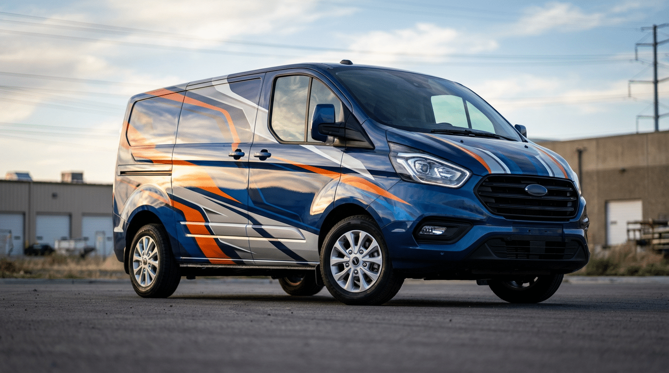 A blue van with orange, white, and gray vehicle wrap decals is parked on asphalt in front of industrial buildings in South Salt Lake under a partly cloudy sky.