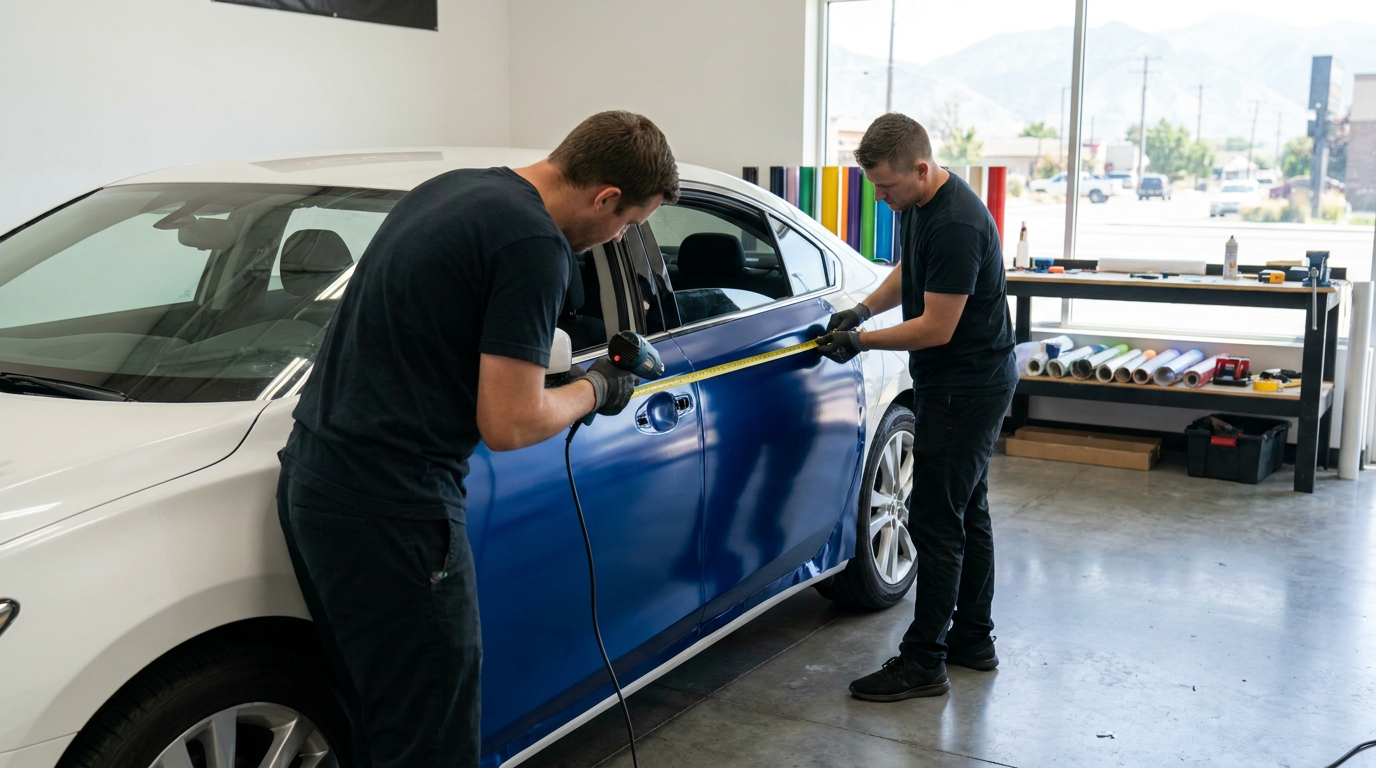 Two people apply blue vinyl wrap to the side of a white car in a workshop, using heat guns and measuring tape. This careful installation process helps maximize car wrap durability, ensuring the finish remains vibrant and protected for years to come.
